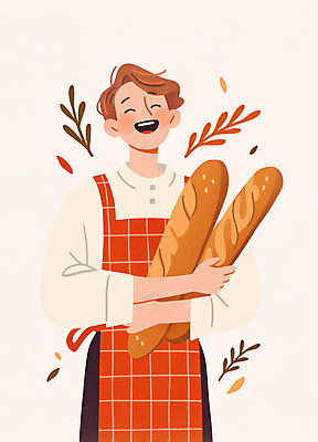 JPG 남자 행복 잎 일러스트 한명 웃음 들기 상반신 성인 주황색 앞치마 빵집 바게트 제빵 제빵사 성인남자한명만 국내일러스트 AI일러스트 AI콘텐츠 식물 직업 1 감정 빵 컬러 모션 표정 사람 제과제빵 상점 남자한명만 성인남자만 파일형식