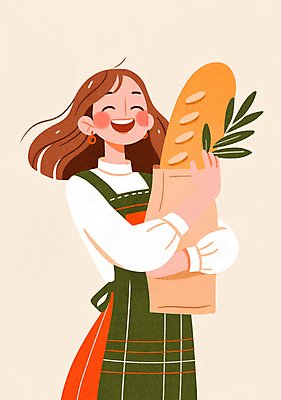 JPG 여자 행복 잎 일러스트 한명 웃음 들기 상반신 성인 주황색 앞치마 빵집 바게트 제빵 제빵사 성인여자한명만 국내일러스트 AI일러스트 AI콘텐츠 식물 직업 1 감정 빵 컬러 모션 표정 사람 제과제빵 상점 여자한명만 성인여자만 파일형식