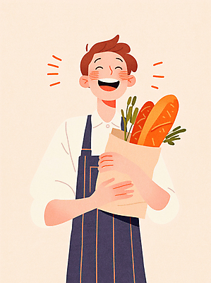 JPG 남자 행복 일러스트 한명 웃음 상반신 성인 주황색 앞치마 빵집 바게트 제빵 제빵사 성인남자한명만 국내일러스트 AI일러스트 AI콘텐츠 직업 1 감정 빵 컬러 표정 사람 제과제빵 상점 남자한명만 성인남자만 파일형식