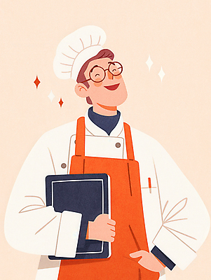 JPG 행복 일러스트 요리사모자 한명 웃음 들기 상반신 주황색 빵집 주머니손 제빵 제빵사 안경낌 국내일러스트 AI일러스트 AI콘텐츠 직업 모자_잡화 1 감정 안경 컬러 모션 표정 사람 제과제빵 상점 요리사 파일형식