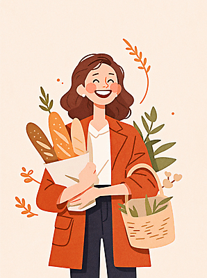 JPG 여자 행복 잎 일러스트 한명 웃음 들기 상반신 성인 바구니 주황색 빵집 바게트 제빵 성인여자한명만 국내일러스트 AI일러스트 AI콘텐츠 식물 1 감정 빵 컬러 모션 표정 사람 제과제빵 상점 여자한명만 성인여자만 파일형식