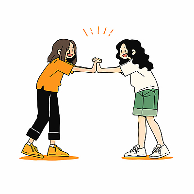 전신 여자 일러스트 청소년 놀이 웃음 두명 친구 주황색 우정 즐거움 손맞잡기 십대만 십대여자만 국내일러스트 AI파일 감정 컬러 관계 표정 사람 손잡기 여자만 파일형식 벡터