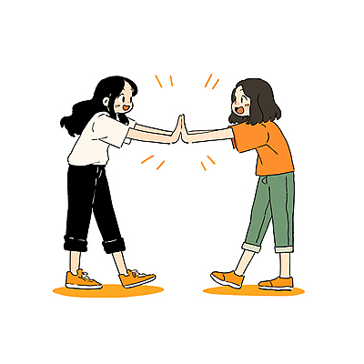 전신 여자 일러스트 청소년 놀이 손바닥 미소 두명 친구 주황색 우정 동료 즐거움 공감 손맞댄 십대만 십대여자만 국내일러스트 AI파일 손 감정 컬러 관계 표정 사람 여자만 파일형식 벡터