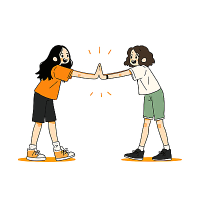 전신 여자 일러스트 청소년 놀이 미소 웃음 두명 친구 주황색 우정 즐거움 손맞댄 십대만 십대여자만 국내일러스트 AI파일 감정 컬러 관계 표정 사람 여자만 파일형식 벡터