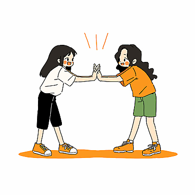 전신 여자 일러스트 청소년 놀이 미소 두명 친구 주황색 우정 즐거움 공감 손맞잡기 십대만 십대여자만 국내일러스트 AI파일 감정 컬러 관계 표정 사람 손잡기 여자만 파일형식 벡터