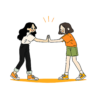 전신 여자 일러스트 청소년 놀이 미소 웃음 두명 친구 주황색 우정 즐거움 공감 손맞댄 십대만 십대여자만 국내일러스트 AI파일 감정 컬러 관계 표정 사람 여자만 파일형식 벡터