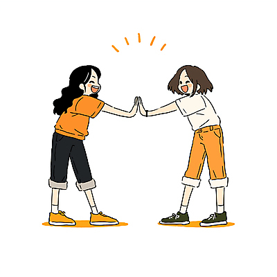 전신 여자 일러스트 청소년 놀이 미소 두명 친구 주황색 우정 즐거움 공감 손맞댄 십대만 십대여자만 국내일러스트 AI파일 감정 컬러 관계 표정 사람 여자만 파일형식 벡터