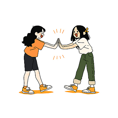 전신 여자 일러스트 청소년 놀이 미소 웃음 두명 친구 주황색 우정 즐거움 공감 손맞댄 십대만 십대여자만 국내일러스트 AI파일 감정 컬러 관계 표정 사람 여자만 파일형식 벡터