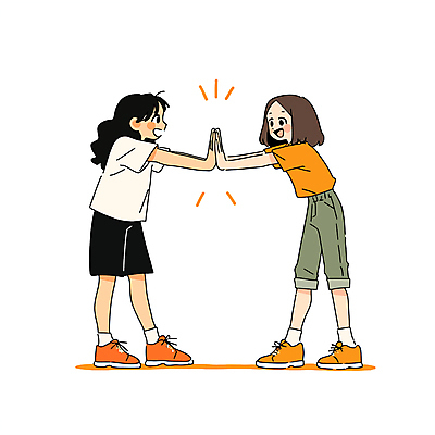 전신 여자 일러스트 청소년 놀이 미소 웃음 두명 친구 주황색 우정 즐거움 공감 손맞댄 십대만 십대여자만 국내일러스트 AI파일 감정 컬러 관계 표정 사람 여자만 파일형식 벡터