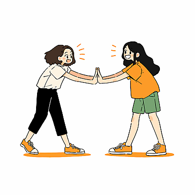 전신 여자 일러스트 청소년 놀이 미소 두명 친구 주황색 우정 즐거움 공감 손맞댄 십대만 십대여자만 국내일러스트 AI파일 감정 컬러 관계 표정 사람 여자만 파일형식 벡터