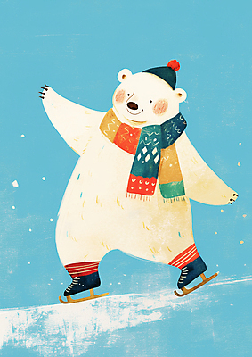 JPG 하늘색 겨울 일러스트 털모자 웃음 사람없음 목도리 스케이팅 눈 즐거움 북극곰 아이스스케이트 국내일러스트 AI일러스트 AI콘텐츠 자연요소 모자_잡화 잡화 계절 감정 곰 날씨 겨울스포츠 표정 파란색 파일형식