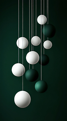 JPG 편집이미지 줄 매달리기 사람없음 초록색 흰색 원형 입체 단순화된 오브제 오너먼트 편집실사 AI컴퓨터그래픽 AI콘텐츠 도형 컬러 크리스마스장식 모션 CG 파일형식