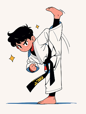 전신 남자 어린이 일러스트 한명 소년 힘 킥 태권도 태권도복 열정 검은띠 소년한명만 국내일러스트 AI파일 1 감정 스포츠용품 모션 도복 사람 격투기 끈 남자한명만 소년만 파일형식 벡터