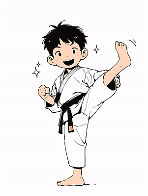 전신 남자 어린이 일러스트 한명 웃음 소년 힘 킥 태권도 태권도복 열정 검은띠 소년한명만 국내일러스트 AI파일 1 감정 스포츠용품 모션 표정 도복 사람 격투기 끈 남자한명만 소년만 파일형식 벡터