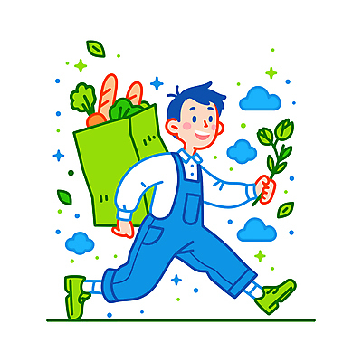 전신 남자 하늘색 채소 일러스트 자연 한명 웃음 들기 성인 쇼핑 장보기 달리기 종이봉투 에너지 신선 배달원 멜빵바지 배송 매기 성인남자한명만 국내일러스트 AI파일 직업 1 바지 모션 봉투 표정 사람 파란색 멜빵 생태계 남자한명만 성인남자만 파일형식 벡터