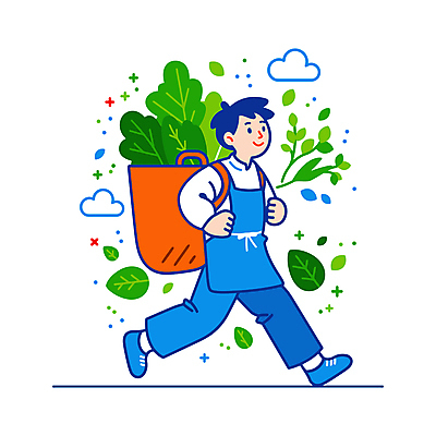 전신 남자 하늘색 채소 가방 일러스트 자연 한명 웃음 성인 쇼핑 장보기 달리기 앞치마 에너지 신선 배달원 배송 매기 성인남자한명만 국내일러스트 AI파일 직업 1 잡화 모션 표정 사람 파란색 생태계 남자한명만 성인남자만 파일형식 벡터