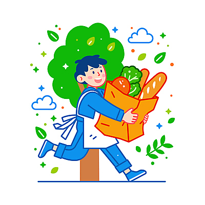 전신 남자 하늘색 채소 일러스트 자연 한명 웃음 들기 성인 쇼핑 장보기 달리기 종이봉투 앞치마 에너지 신선 배달원 바게트 배송 성인남자한명만 국내일러스트 AI파일 직업 1 빵 모션 봉투 표정 사람 파란색 생태계 남자한명만 성인남자만 파일형식 벡터