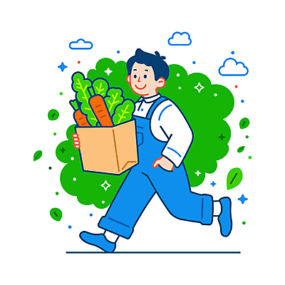 전신 남자 하늘색 채소 일러스트 자연 한명 웃음 들기 성인 쇼핑 장보기 달리기 종이봉투 에너지 신선 배달원 멜빵바지 배송 주머니손 성인남자한명만 국내일러스트 AI파일 직업 1 바지 모션 봉투 표정 사람 파란색 멜빵 생태계 남자한명만 성인남자만 파일형식 벡터