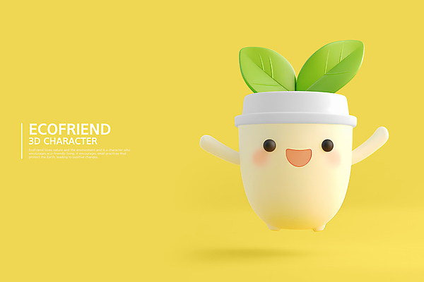 PSD 편집이미지 캐릭터 나뭇잎 사람없음 노란색 귀여움 환경 그린에너지 보호 에코 친환경 텀블러 편집3D 컬러 컨셉 잎 컵 3D 에너지 파일형식