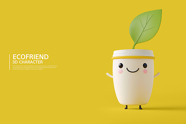 PSD 편집이미지 캐릭터 나뭇잎 사람없음 노란색 귀여움 환경 그린에너지 보호 에코 친환경 텀블러 편집3D 컬러 컨셉 잎 컵 3D 에너지 파일형식