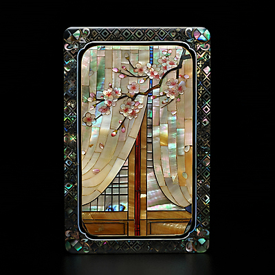 JPG 편집이미지 전통 창문 풍경 사람없음 평화 봄 벚꽃 나뭇가지 커튼 우아함 동양적 자개 화투 편집실사 AI컴퓨터그래픽 AI콘텐츠 나무 계절 꽃 컨셉 게임 CG 전통공예 파일형식