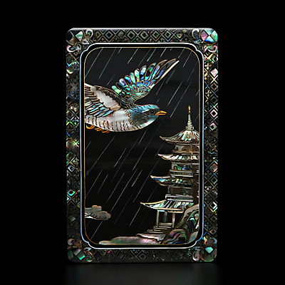 JPG 구름 편집이미지 전통 예술 자연 조류 풍경 사람없음 탑 검은색 비 우아함 동양적 자개 화투 편집실사 AI컴퓨터그래픽 AI콘텐츠 자연요소 동물 건축물 컬러 컨셉 날씨 게임 CG 생태계 전통공예 파일형식