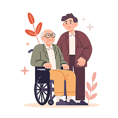 전신 할아버지 노년 남자 일러스트 친절 직업캐릭터 건강 웃음 성인 두명 갈색 보호 포근함 간호 휠체어 요양보호사 남자만 일러캐릭터 AI파일 직업 캐릭터 컬러 컨셉 표정 사람 감각 파일형식 벡터