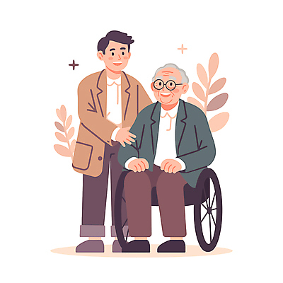 전신 할아버지 노년 남자 일러스트 친절 직업캐릭터 건강 웃음 성인 두명 갈색 보호 포근함 간호 휠체어 요양보호사 남자만 일러캐릭터 AI파일 직업 캐릭터 컬러 컨셉 표정 사람 감각 파일형식 벡터