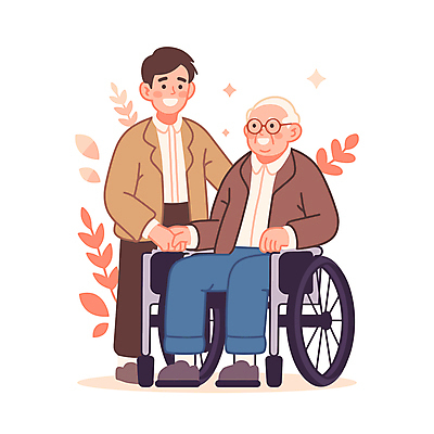전신 할아버지 노년 남자 일러스트 친절 직업캐릭터 건강 웃음 성인 두명 갈색 보호 포근함 간호 휠체어 요양보호사 남자만 일러캐릭터 AI파일 직업 캐릭터 컬러 컨셉 표정 사람 감각 파일형식 벡터