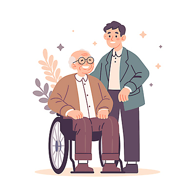 전신 할아버지 노년 남자 일러스트 친절 직업캐릭터 건강 웃음 성인 두명 갈색 보호 포근함 간호 휠체어 요양보호사 남자만 일러캐릭터 AI파일 직업 캐릭터 컬러 컨셉 표정 사람 감각 파일형식 벡터