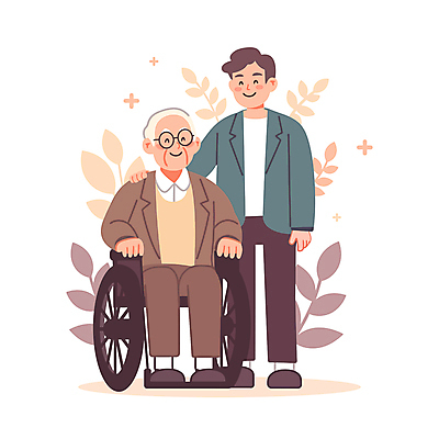 전신 할아버지 노년 남자 일러스트 친절 직업캐릭터 건강 웃음 성인 두명 갈색 보호 포근함 간호 휠체어 요양보호사 남자만 일러캐릭터 AI파일 직업 캐릭터 컬러 컨셉 표정 사람 감각 파일형식 벡터