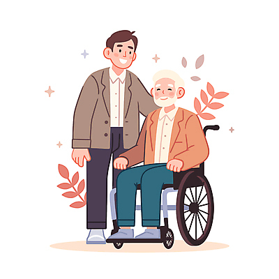 전신 할아버지 노년 남자 일러스트 친절 직업캐릭터 건강 웃음 성인 두명 갈색 보호 포근함 간호 휠체어 요양보호사 남자만 일러캐릭터 AI파일 직업 캐릭터 컬러 컨셉 표정 사람 감각 파일형식 벡터