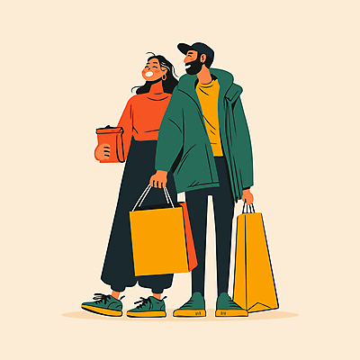전신 커플 여자 패션 남자 데이트 일러스트 웃음 들기 성인 두명 쇼핑 쇼핑백 걷기 가을 즐거움 외출 동행 베이지색 성인만 국내일러스트 AI파일 계절 감정 컬러 가방 관계 모션 표정 사람 파일형식 벡터