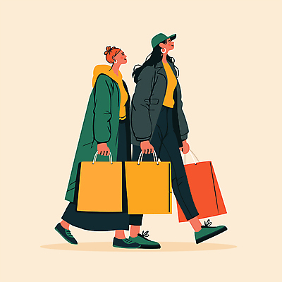 전신 모자 여자 패션 일러스트 웃음 들기 성인 두명 쇼핑 쇼핑백 걷기 가을 즐거움 외출 동행 베이지색 성인여자만 국내일러스트 AI파일 잡화 계절 감정 컬러 가방 모션 표정 사람 여자만 성인만 파일형식 벡터