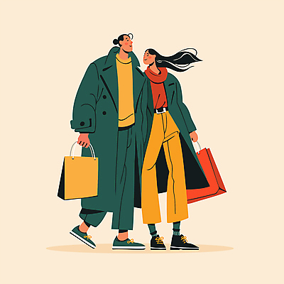 전신 긴머리 커플 여자 패션 남자 데이트 일러스트 웃음 들기 성인 두명 쇼핑 쇼핑백 걷기 가을 즐거움 외출 동행 묶은머리 베이지색 성인만 국내일러스트 AI파일 헤어스타일 계절 감정 컬러 가방 관계 모션 표정 사람 파일형식 벡터
