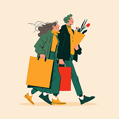 전신 커플 여자 패션 남자 꽃다발 데이트 일러스트 웃음 들기 성인 두명 쇼핑 쇼핑백 걷기 가을 즐거움 외출 동행 베이지색 성인만 국내일러스트 AI파일 계절 꽃 감정 컬러 가방 관계 모션 표정 사람 파일형식 벡터