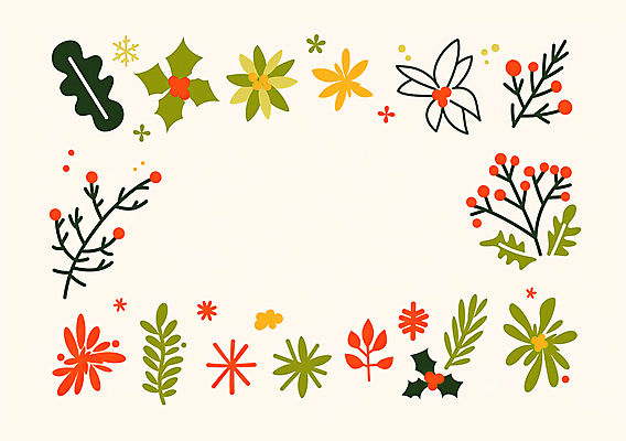 JPG 배너 열매 꽃 크리스마스 겨울 일러스트 프레임 사람없음 크리스마스트리 풀잎 베이지색 연말 국내일러스트 AI일러스트 AI콘텐츠 식물 계절 기념일 컬러 잎 풀_식물 파일형식