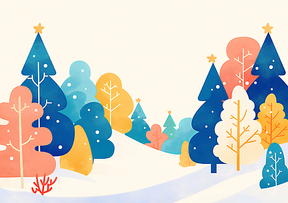 JPG 나무 배너 크리스마스 겨울 일러스트 사람없음 컬러풀 크리스마스트리 설원 눈 연말 국내일러스트 AI일러스트 AI콘텐츠 자연요소 식물 계절 기념일 컬러 날씨 눈_날씨 파일형식