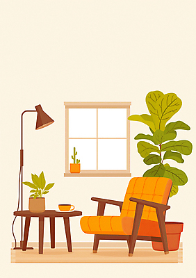 JPG 화분 화초 겨울 의자 일러스트 창문 탁자 선인장 사람없음 컵 인테리어 주황색 스탠드 국내일러스트 AI일러스트 AI콘텐츠 식물 식기 디자인 계절 컬러 가구 조명 파일형식