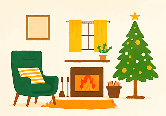 JPG 화분 액자 쿠션 겨울 의자 일러스트 창문 불 사람없음 인테리어 크리스마스트리 주황색 카펫 커튼 장작 벽난로 국내일러스트 AI일러스트 AI콘텐츠 자연요소 디자인 계절 컬러 가구 크리스마스 파일형식