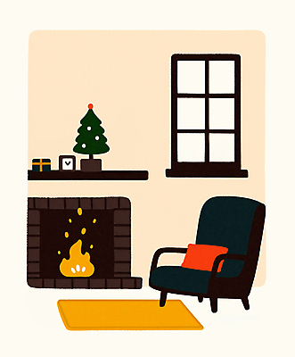JPG 시계 쿠션 겨울 의자 일러스트 창문 불 사람없음 인테리어 크리스마스트리 카펫 장작 벽난로 국내일러스트 AI일러스트 AI콘텐츠 자연요소 디자인 계절 가구 크리스마스 파일형식