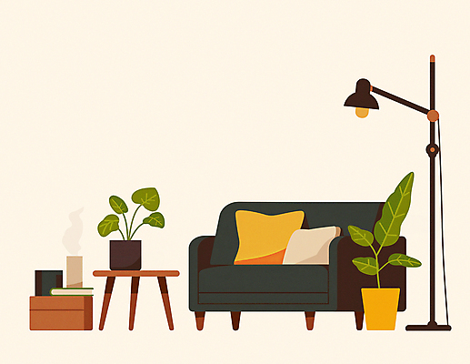 JPG 화분 화초 커피 쿠션 겨울 의자 일러스트 탁자 사람없음 책 컵 인테리어 소파 스탠드 국내일러스트 AI일러스트 AI콘텐츠 식물 식기 디자인 계절 음료 가구 조명 파일형식