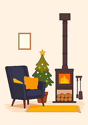 JPG 액자 쿠션 겨울 의자 일러스트 불 사람없음 인테리어 크리스마스트리 주황색 카펫 장작 벽난로 국내일러스트 AI일러스트 AI콘텐츠 자연요소 디자인 계절 컬러 가구 크리스마스 파일형식