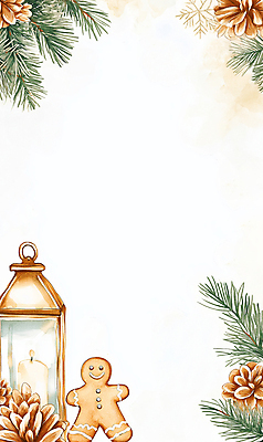 JPG 백그라운드 크리스마스 겨울 일러스트 크리스마스카드 프레임 사람없음 장식 쿠키 램프 솔방울 솔잎 베이지색 진저맨 카피스페이스 국내일러스트 AI일러스트 AI콘텐츠 계절 기념일 컬러 잎 디저트 조명 카드_감사 공백 진저쿠키 파일형식