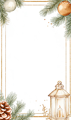 JPG 백그라운드 크리스마스 겨울 일러스트 크리스마스카드 프레임 사람없음 장식 램프 솔방울 솔잎 베이지색 오너먼트 카피스페이스 국내일러스트 AI일러스트 AI콘텐츠 계절 기념일 컬러 잎 크리스마스장식 조명 카드_감사 공백 파일형식