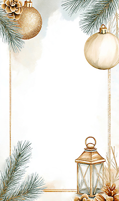JPG 백그라운드 크리스마스 겨울 일러스트 크리스마스카드 프레임 사람없음 장식 램프 솔방울 솔잎 베이지색 오너먼트 카피스페이스 국내일러스트 AI일러스트 AI콘텐츠 계절 기념일 컬러 잎 크리스마스장식 조명 카드_감사 공백 파일형식