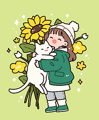 전신 모자 여자 행복 어린이 겨울 일러스트 포옹 해바라기 한명 소녀 초록색 반려동물 고양이 우정 소녀한명만 반려묘 국내일러스트 AI파일 동물 1 잡화 계절 꽃 감정 컬러 포유류 안기 사람 친구 여자한명만 소녀만 파일형식 벡터