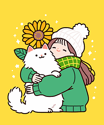 모자 여자 행복 어린이 겨울 일러스트 포옹 해바라기 한명 미소 소녀 반려동물 노란색 목도리 고양이 우정 소녀한명만 반려묘 국내일러스트 AI파일 동물 1 잡화 계절 꽃 감정 컬러 포유류 안기 표정 사람 친구 여자한명만 소녀만 파일형식 벡터