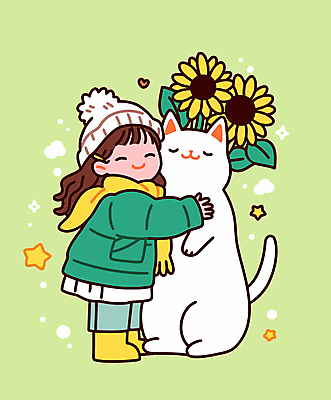 전신 모자 여자 어린이 겨울 일러스트 포옹 해바라기 한명 미소 소녀 초록색 반려동물 목도리 고양이 우정 소녀한명만 반려묘 국내일러스트 AI파일 동물 1 잡화 계절 꽃 컬러 포유류 안기 표정 사람 친구 여자한명만 소녀만 파일형식 벡터