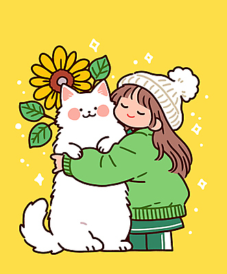 모자 여자 어린이 꽃다발 겨울 일러스트 포옹 해바라기 한명 미소 소녀 반려동물 노란색 고양이 우정 소녀한명만 반려묘 국내일러스트 AI파일 동물 1 잡화 계절 꽃 컬러 포유류 안기 표정 사람 친구 여자한명만 소녀만 파일형식 벡터